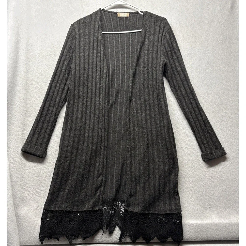 Altar'd State Gray Ribbed Lace Trim Open Front Cardigan Long Sleeve Boho Small